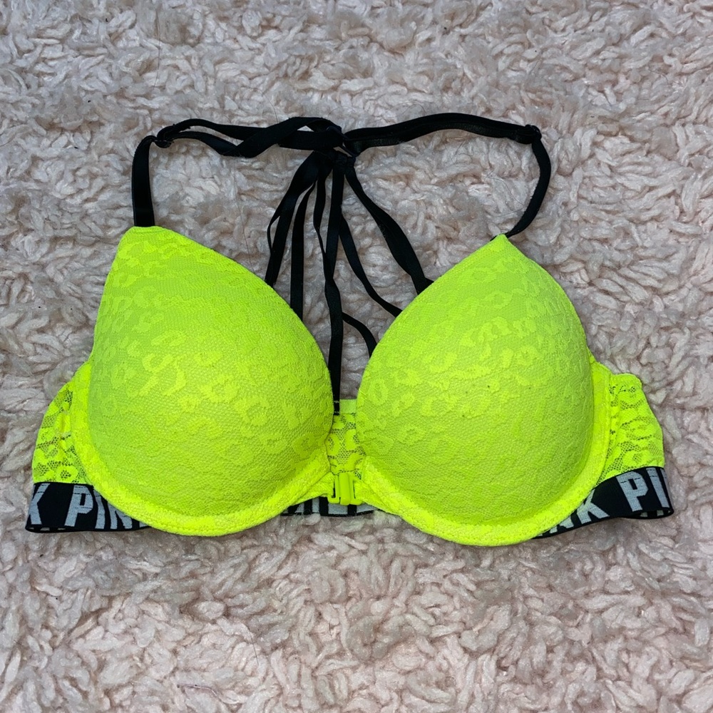 Neon Yellow Front Close Bra by PINK